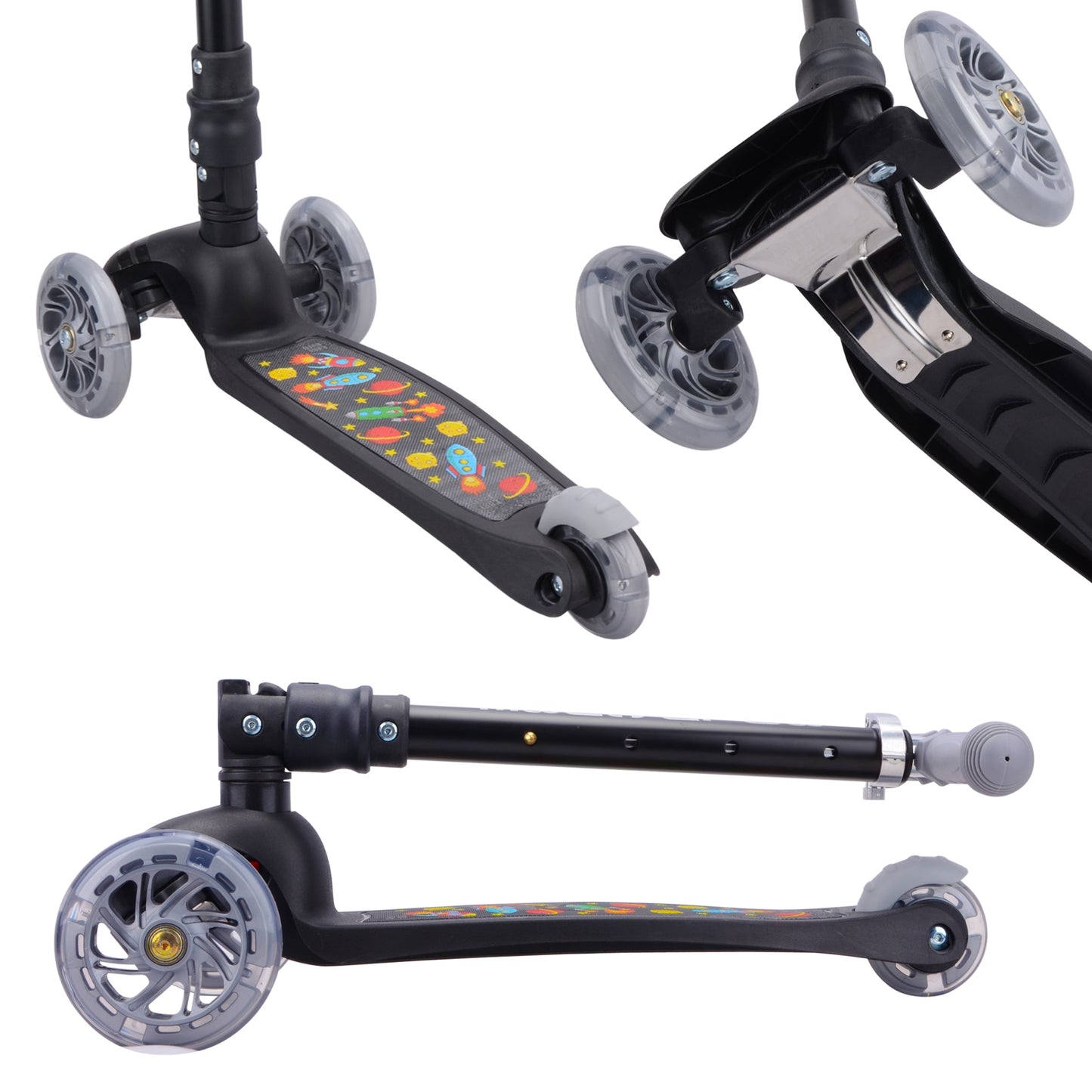 Black scooter with colorful deck on a white background