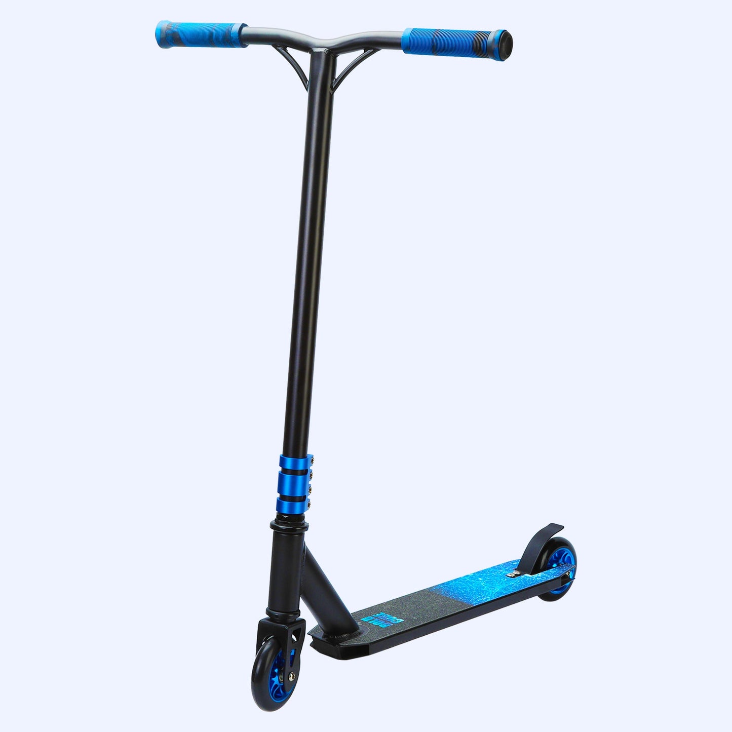 Black and blue scooter on a white background