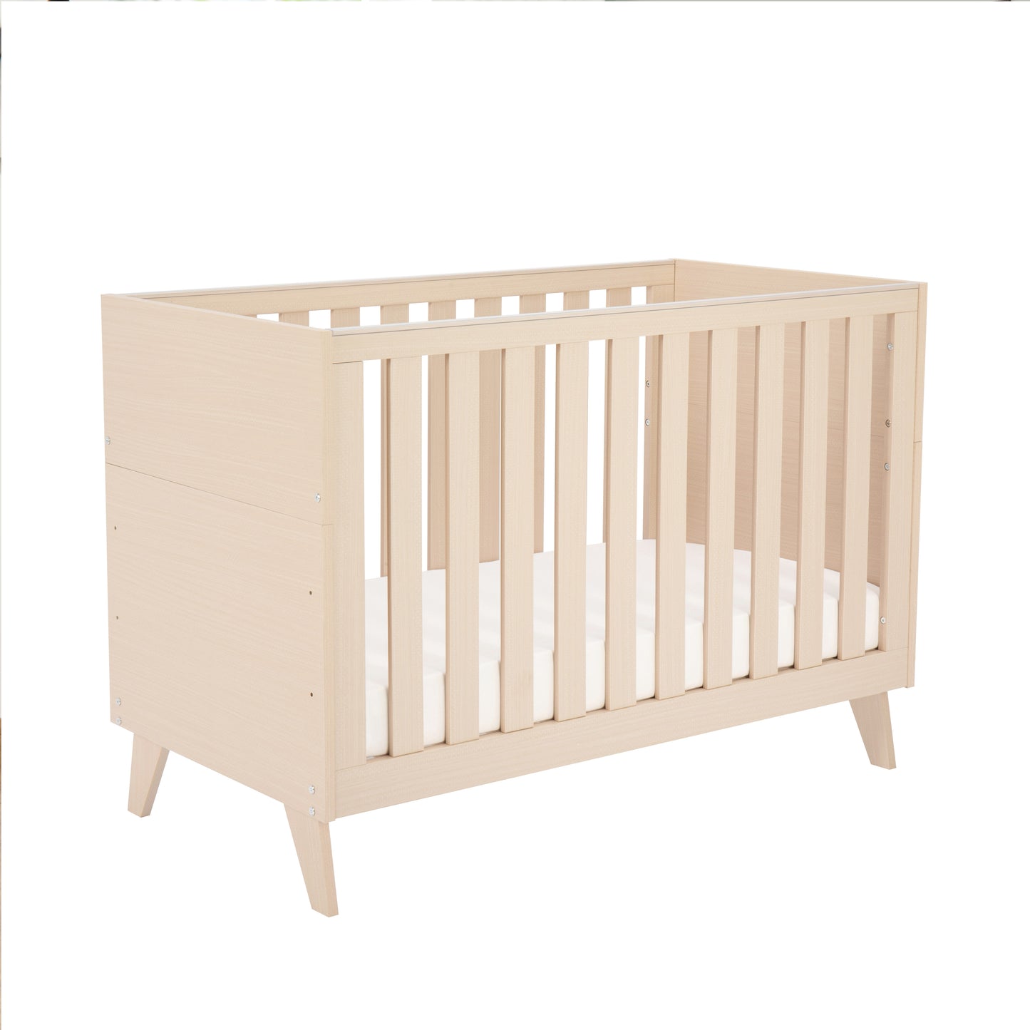 Natural wood cot with white mattress on a white background