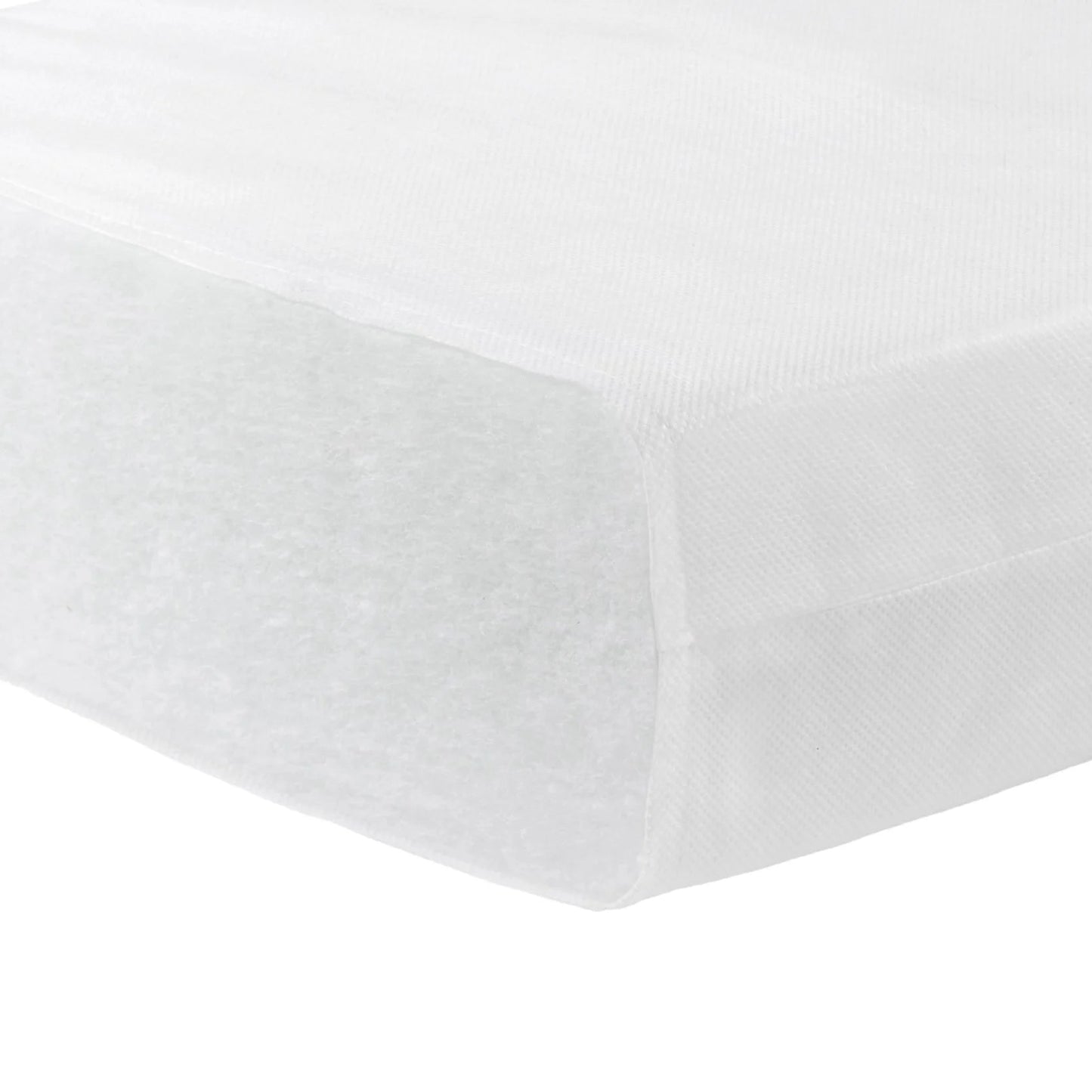 White fitted sheet on a bed with a plain background