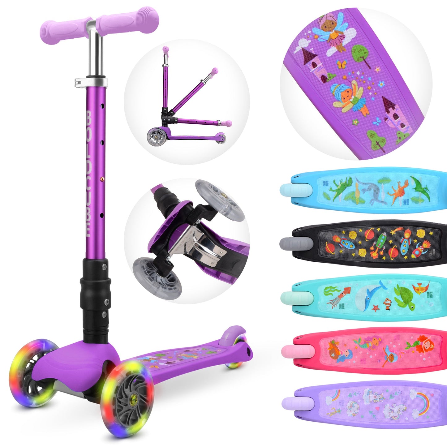 Purple scooter with colorful deck options on a white background