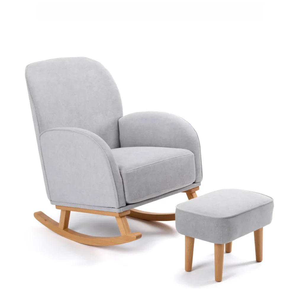 Gray rocking chair with matching ottoman on a white background