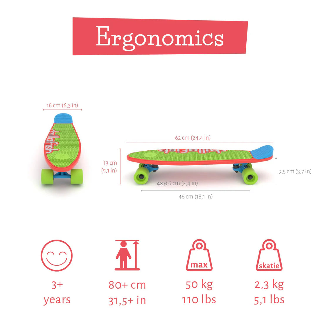 Colorful skateboard with dimensions and safety information on a white background