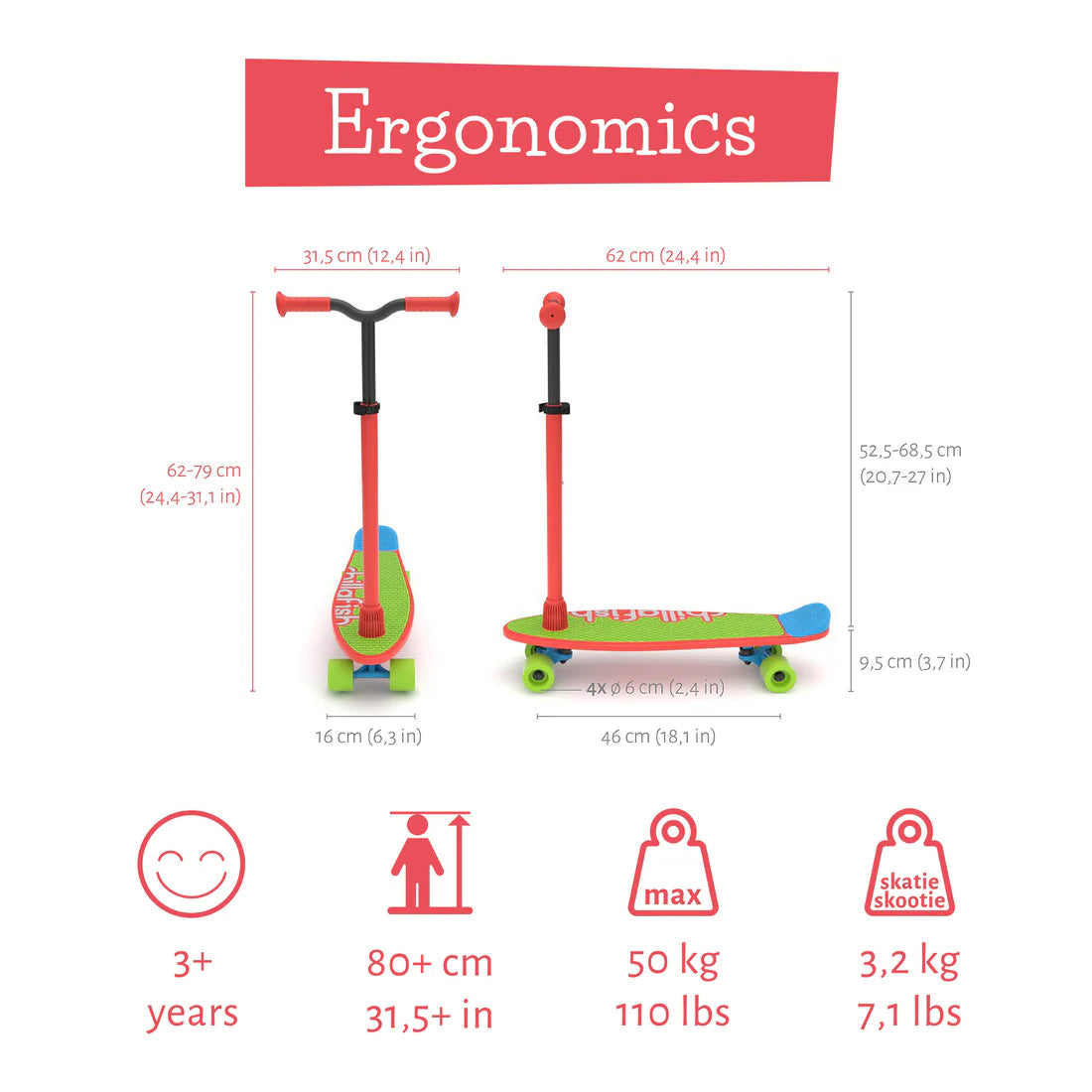 Children's scooter and scooter with dimensions and specifications on a white background