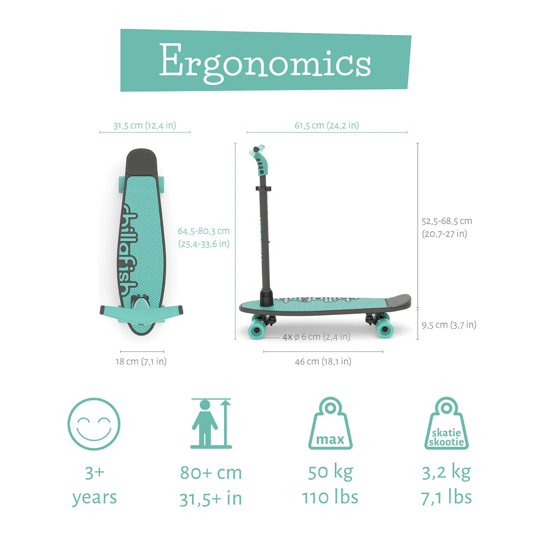Measurement chart for a scooter with dimensions and features on a white background.