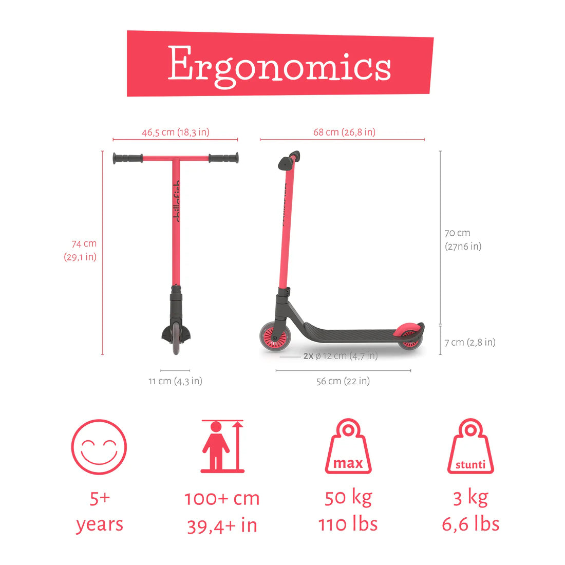 Ergonomic scooter with dimensions and features on a white background