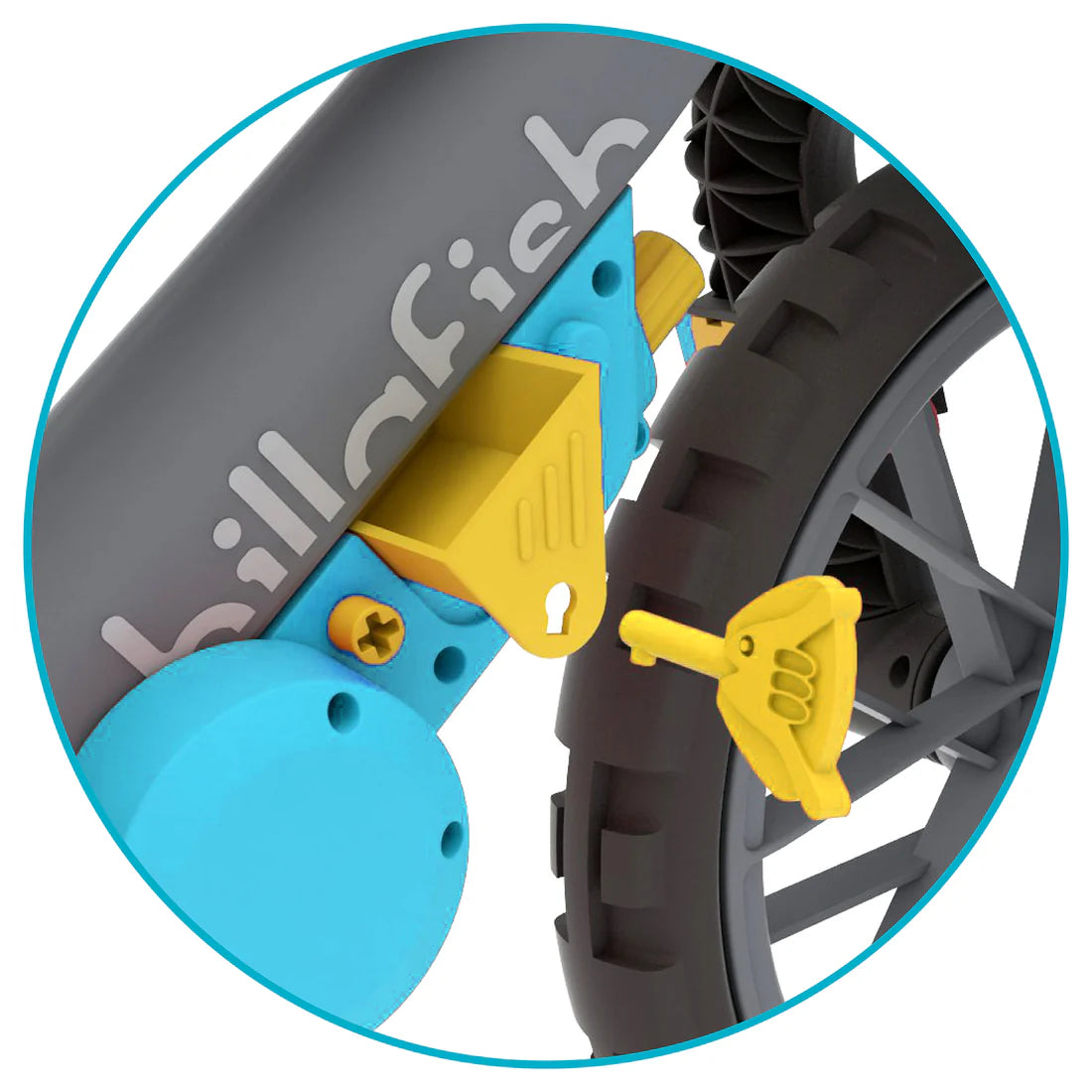 Close-up of a Hillalich product attached to a wheel, with a focus on the brand name.