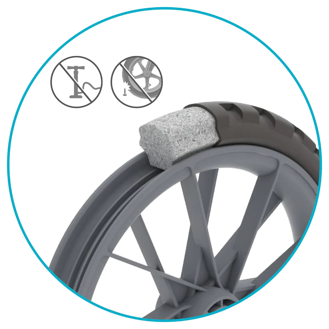 Fender washer attached to a bicycle fender with icons indicating no water and no mud.