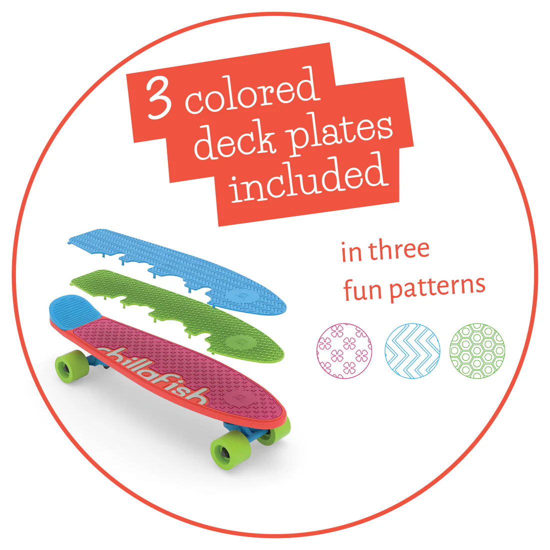 Colorful toy skateboard with three colored deck plates included, on a white background.