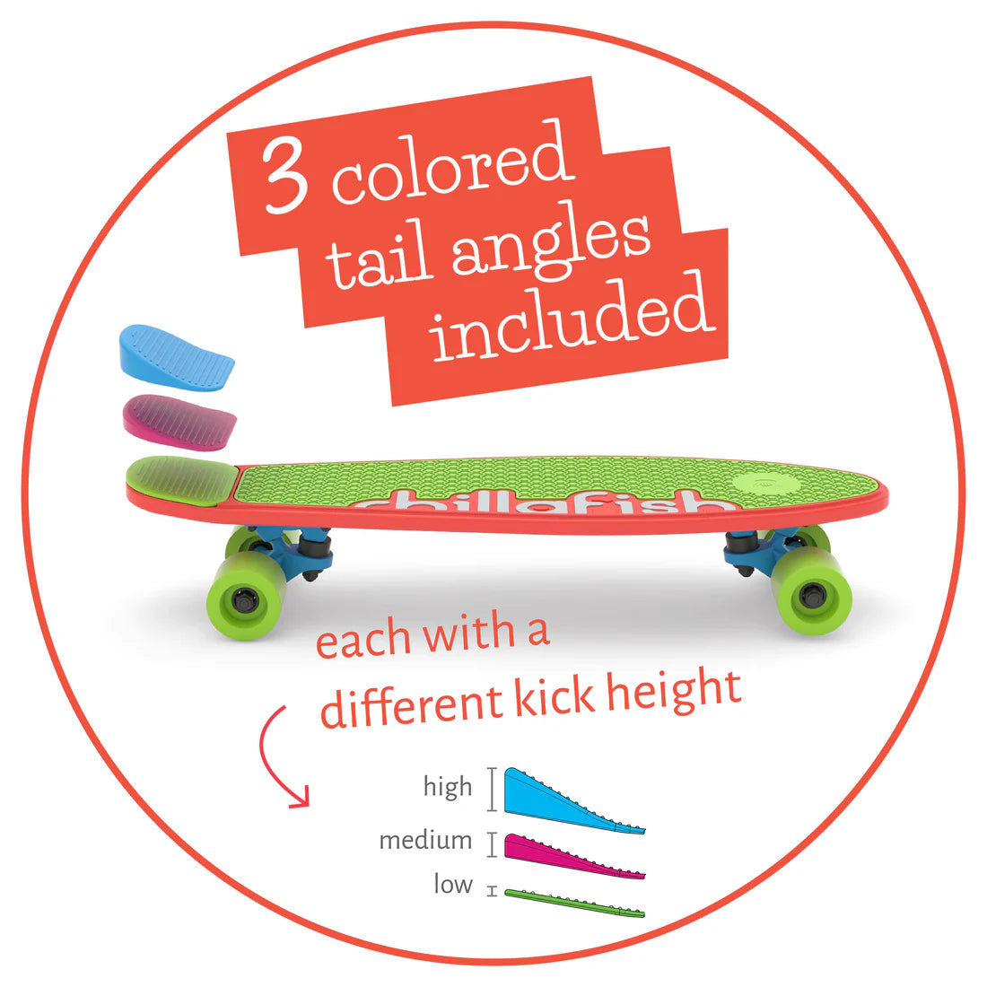 Colorful skateboard with three different colored tail angles on a white background