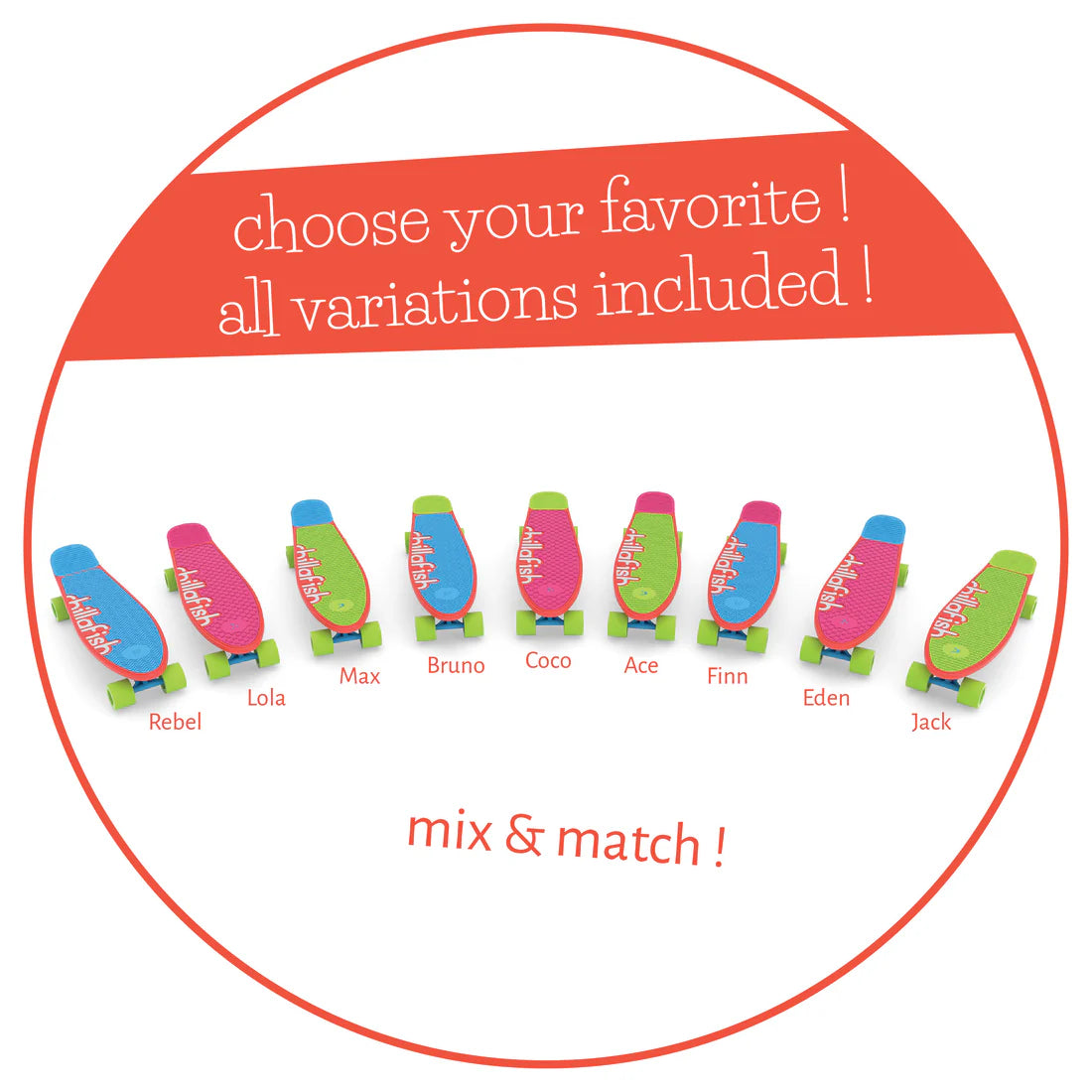 Colorful toy skateboards with names on a white background