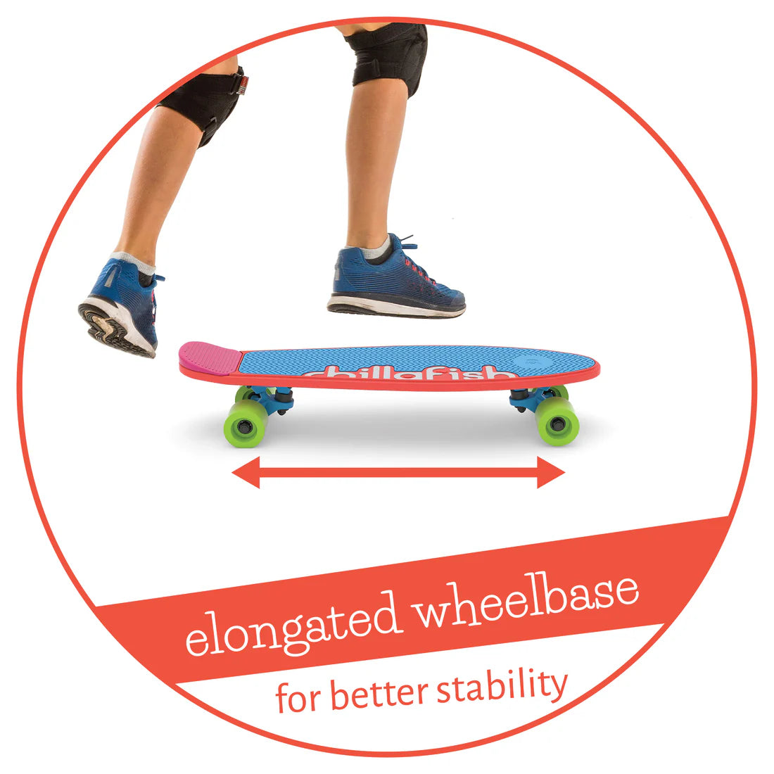 Colorful skateboard with 'Phillia Fish' branding, showing elongated wheelbase for stability.