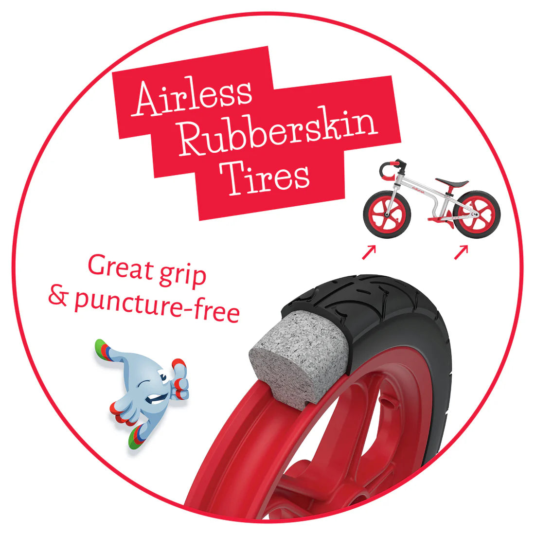 Airless rubberskin tires with a red circle and text on a white background