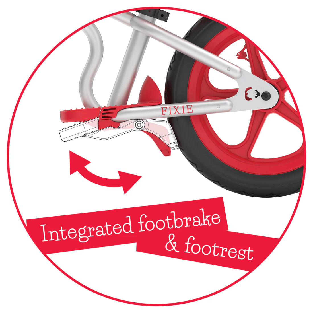 Close-up of a bicycle with an integrated foot brake and footrest, featuring the brand 'FIXIE'.