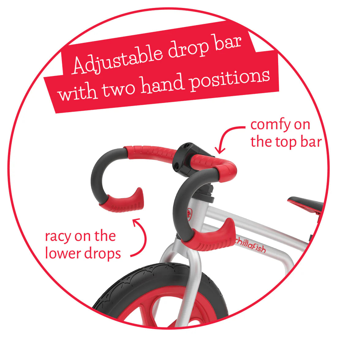 Red and black adjustable drop bar on a tricycle with text indicating two hand positions.