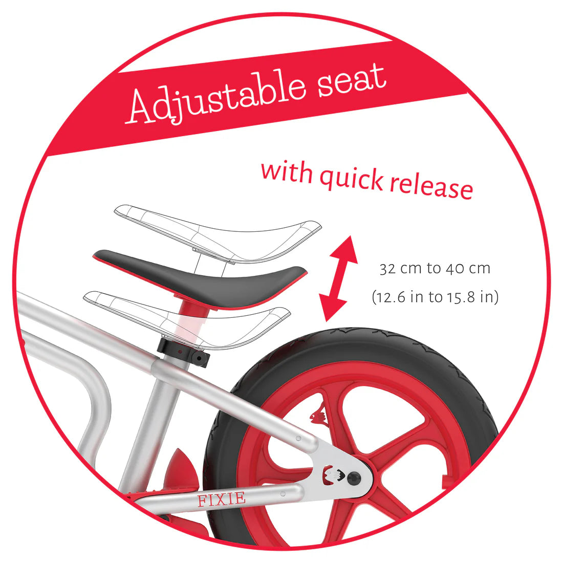 Adjustable seat on a children's bike with measurement details