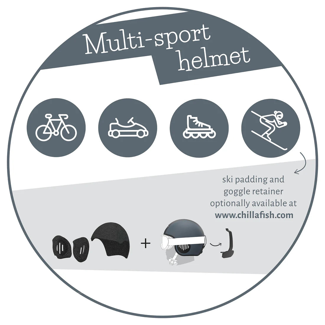 Multisport helmet design with icons for various activities and additional accessories.