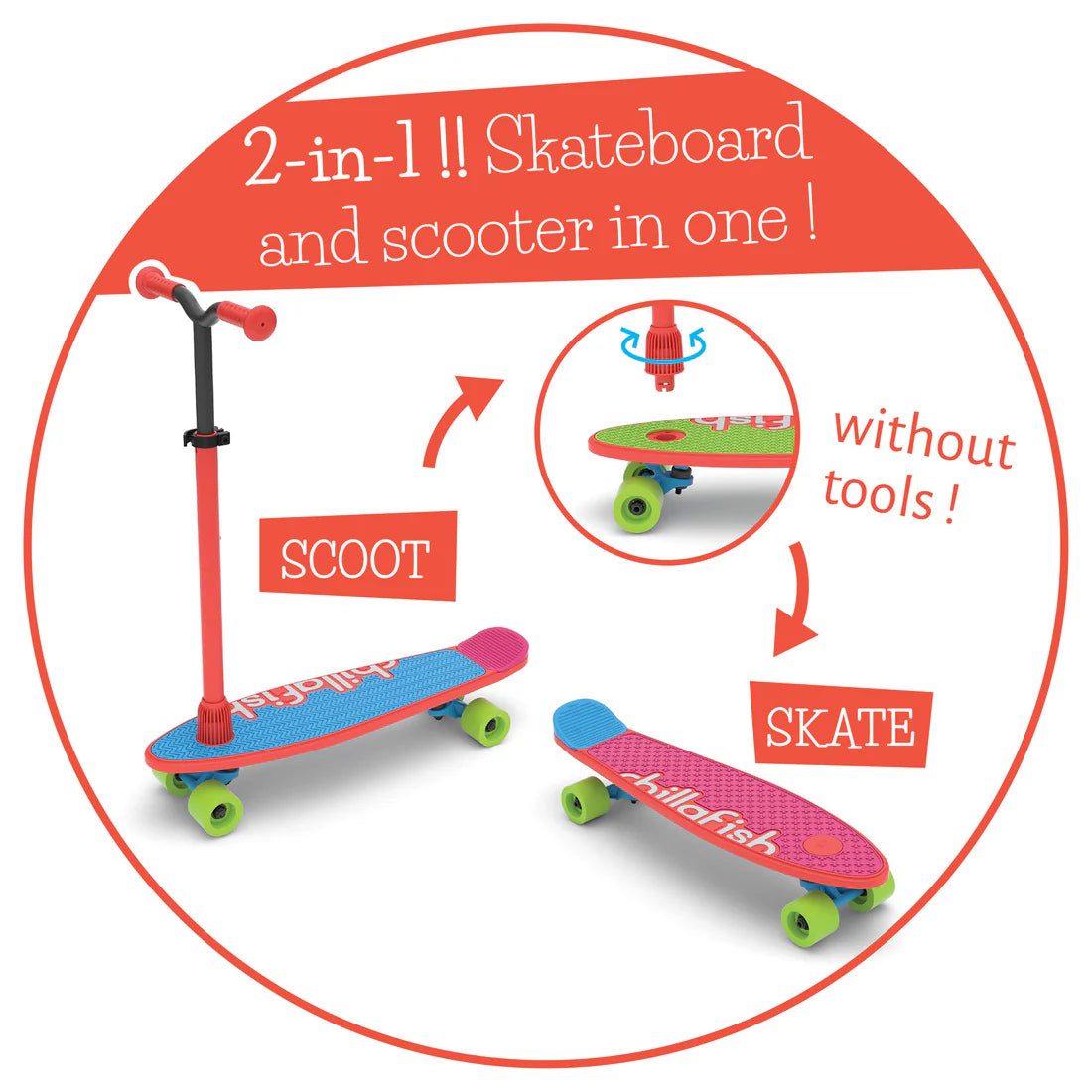 2-in-1 scooter and skateboard with detachable deck on a white background