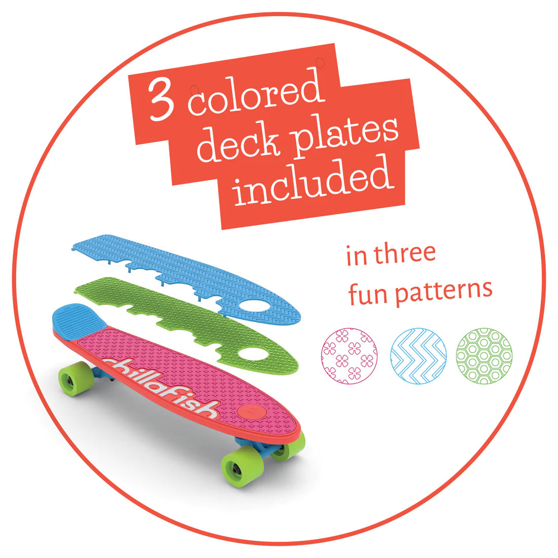 Colorful skateboard with three interchangeable deck plates on a white background