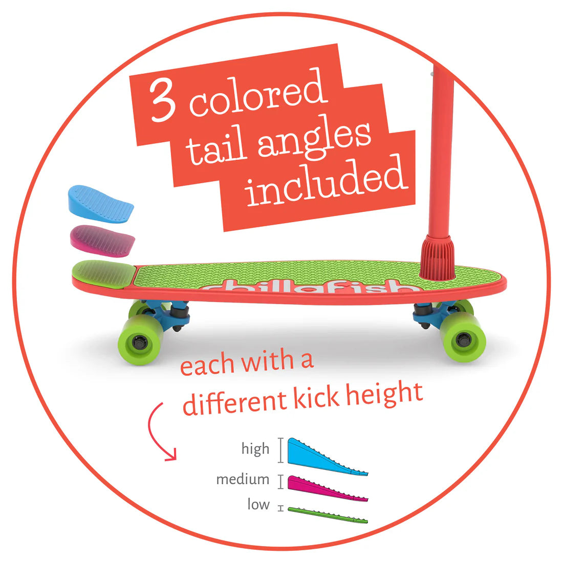 Dilla Fish scooter with colorful tail angles and text on a white background
