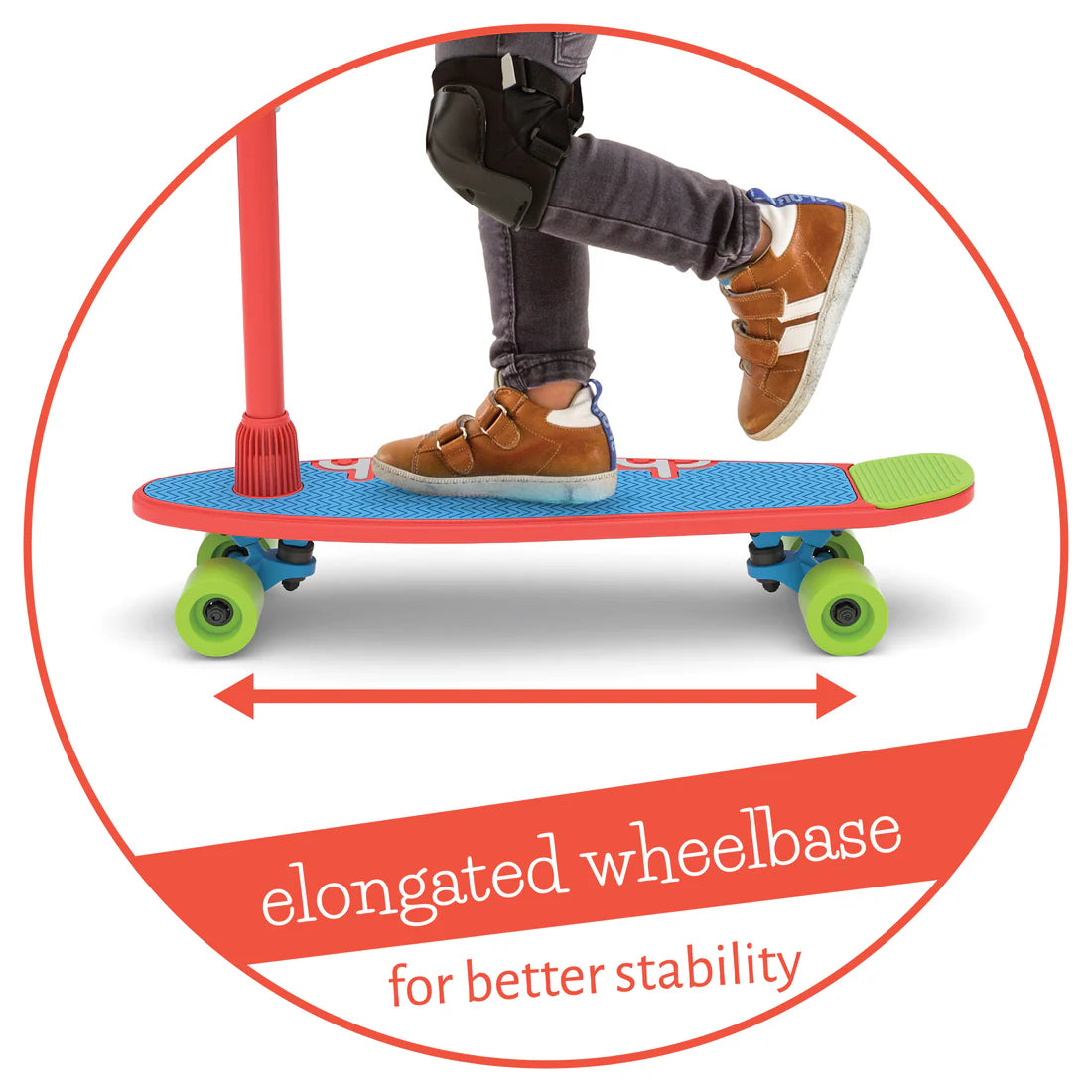 Person riding a skateboard with an elongated wheelbase feature highlighted