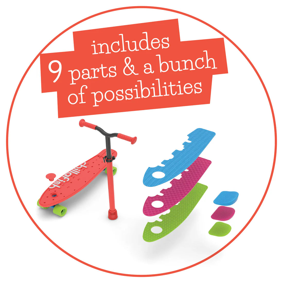 Red scooter with colorful attachments and text about parts and possibilities on a white background