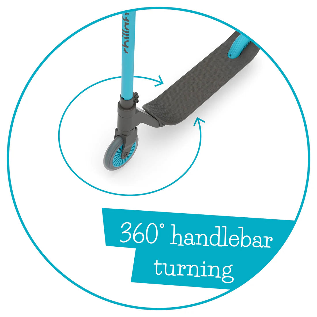 Close-up of a scooter with a 360-degree handlebar turning feature on a white background.