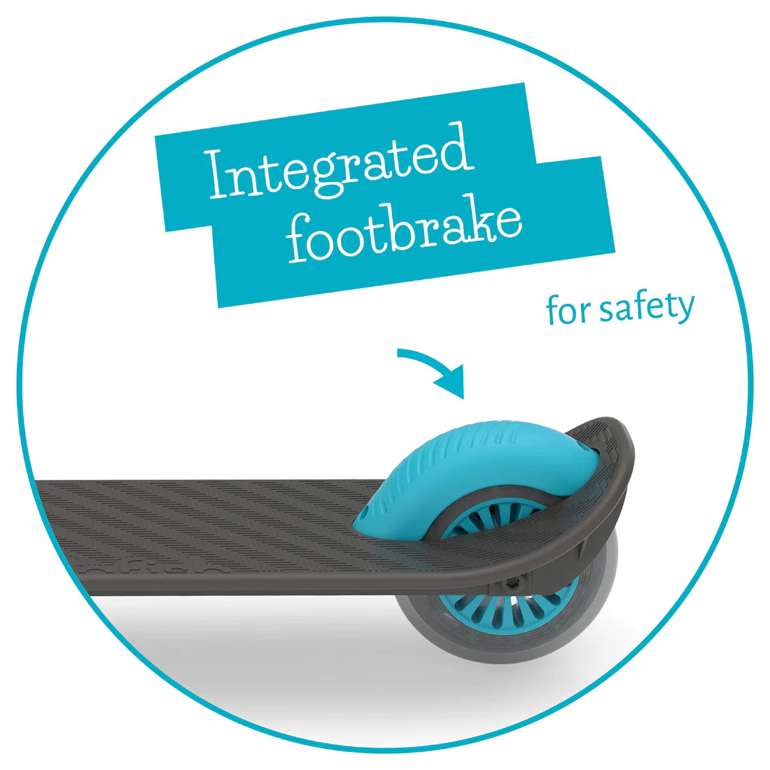 Integrated foot brake on a scooter with text indicating safety feature.