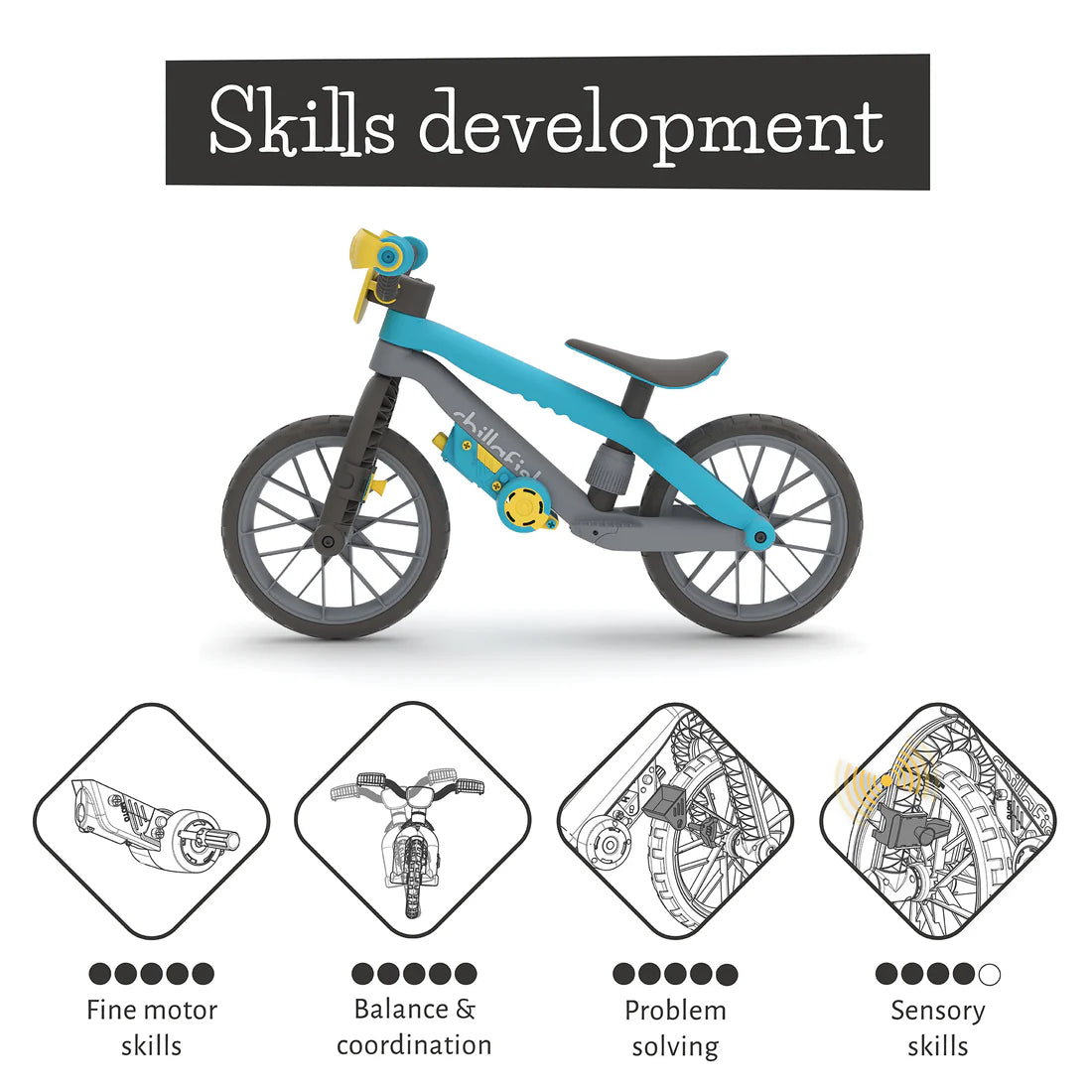 Children's balance bike with icons indicating skills development benefits on a white background.