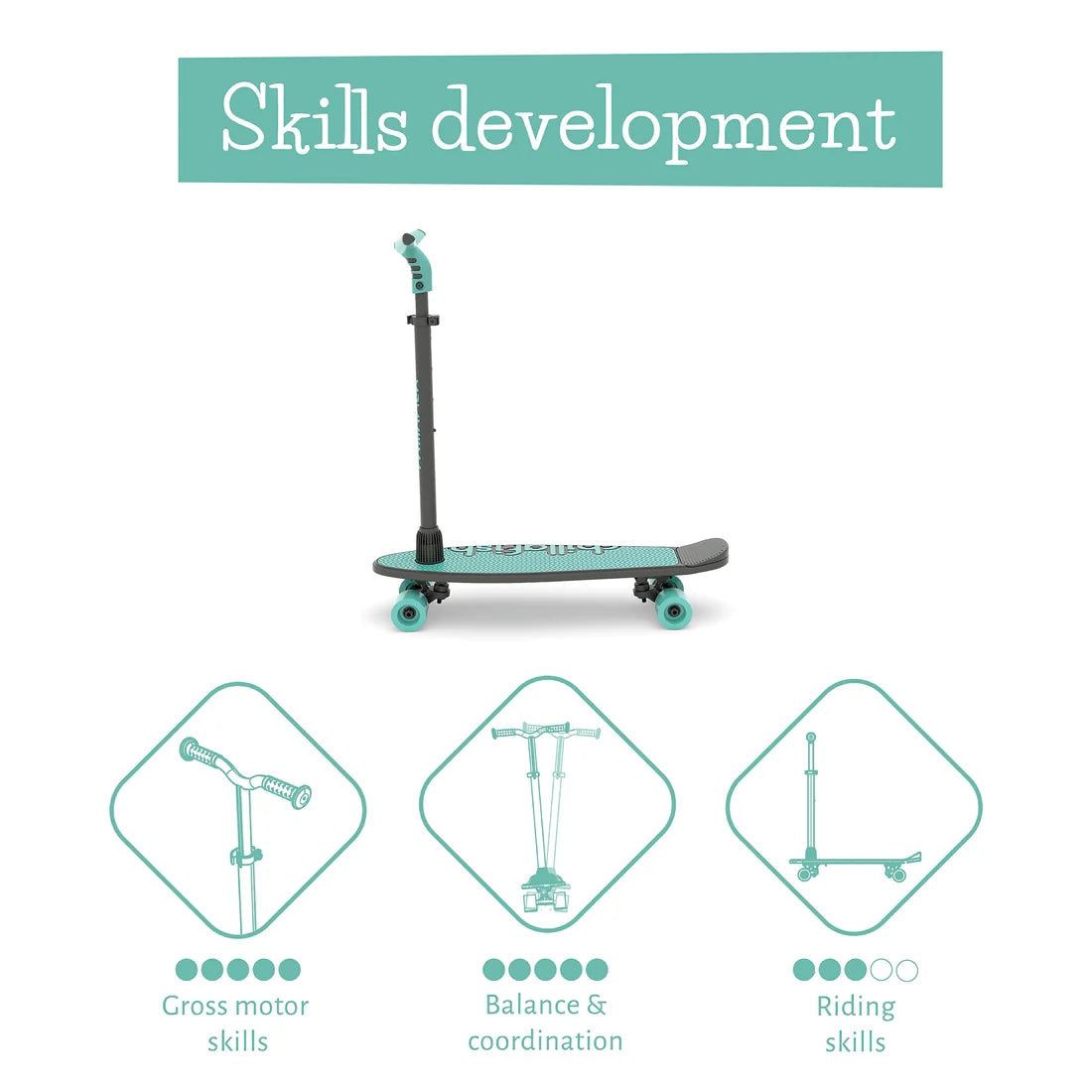 Children's scooter with stand on a white background, labeled for skills development.