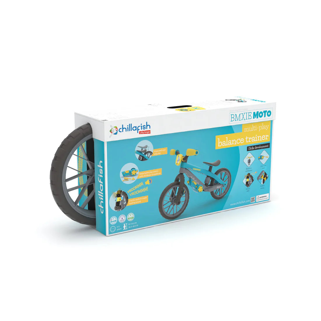 Box packaging of a balance bike with visible branding on a white background