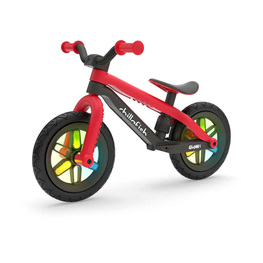 Red balance bike with colorful wheels on a white background