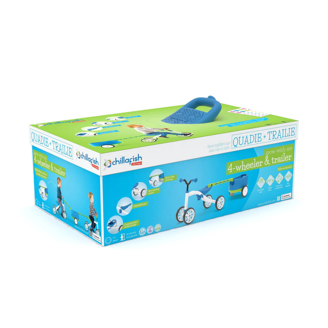 Box packaging of a children's 4-wheeler and trailer set with branding on a white background