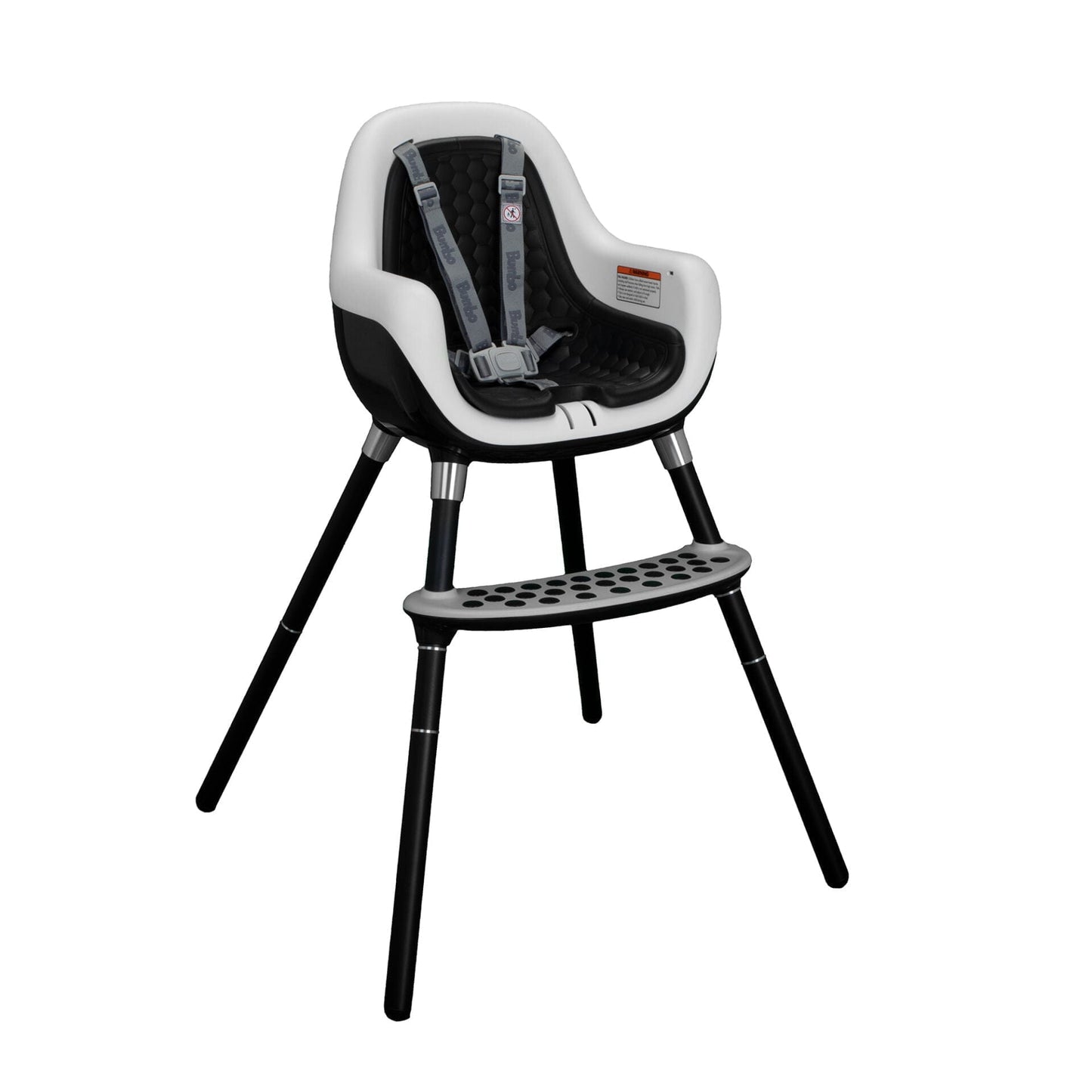 Black and white high chair with safety harness on a white background
