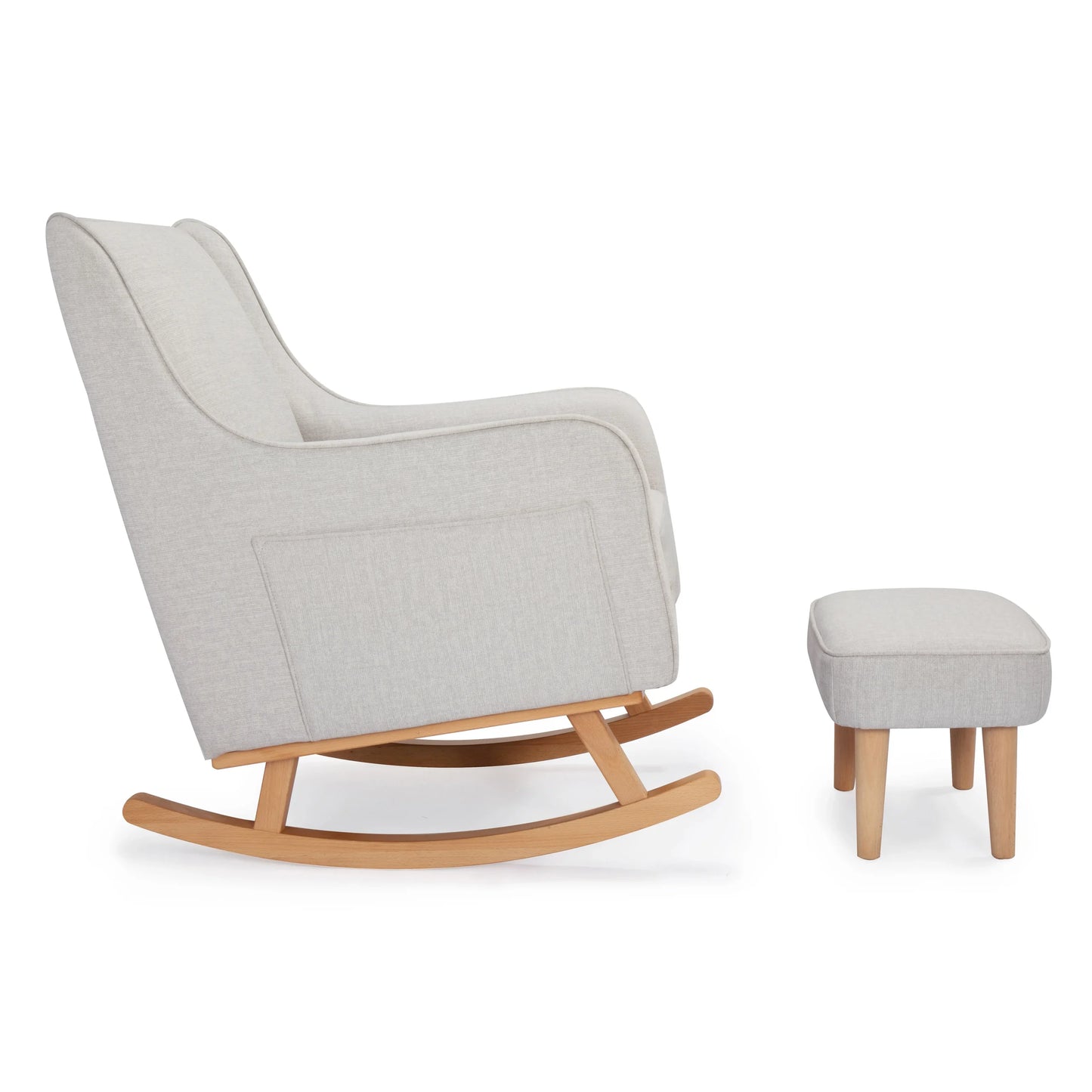 Gray rocking chair with wooden legs and matching ottoman on a white background