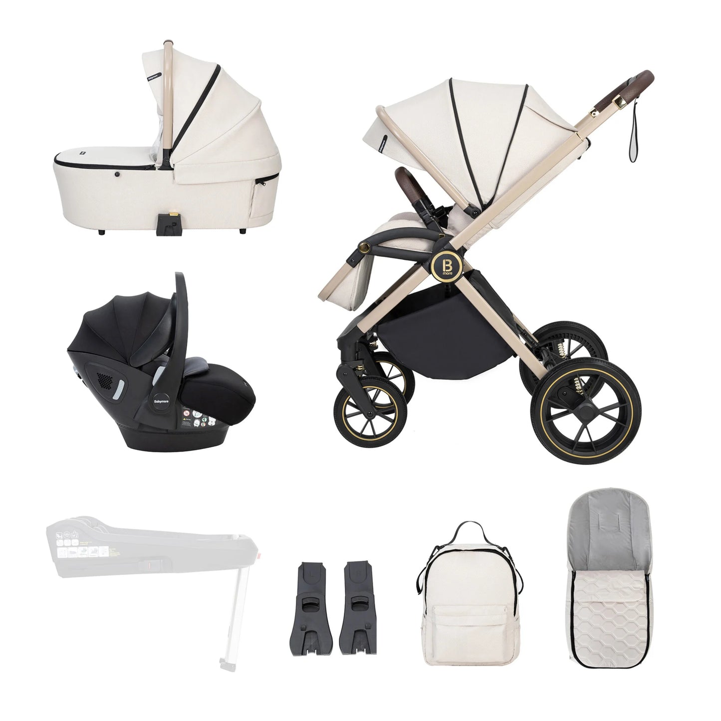 Collection of baby stroller and car seat products on a white background