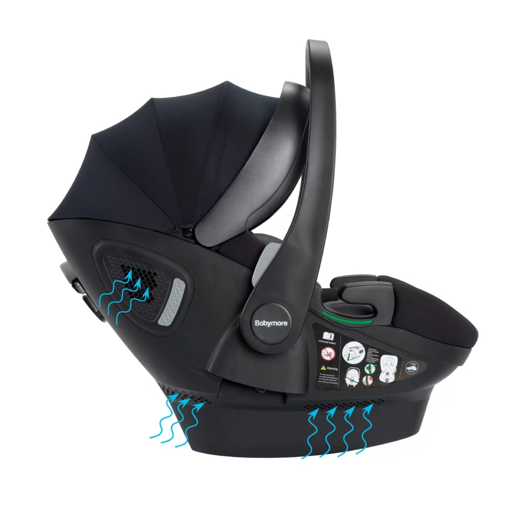 Black baby car seat with visible Babymore branding on a white background