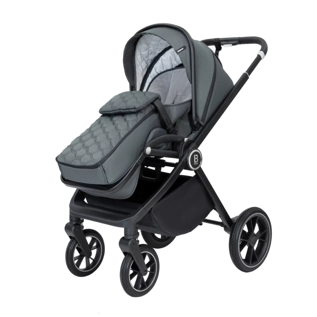 Gray and black baby stroller on a white background