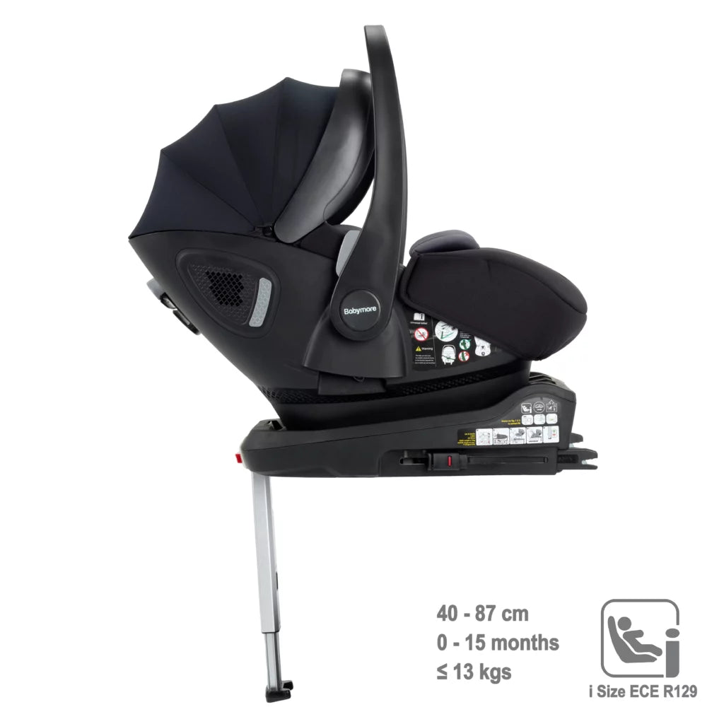 Black baby car seat with height and weight guidelines on a white background