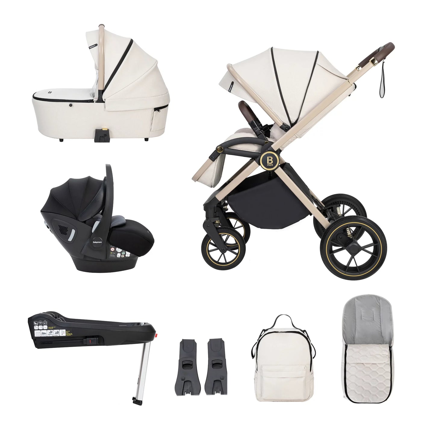 Collection of baby stroller and car seat products on a white background