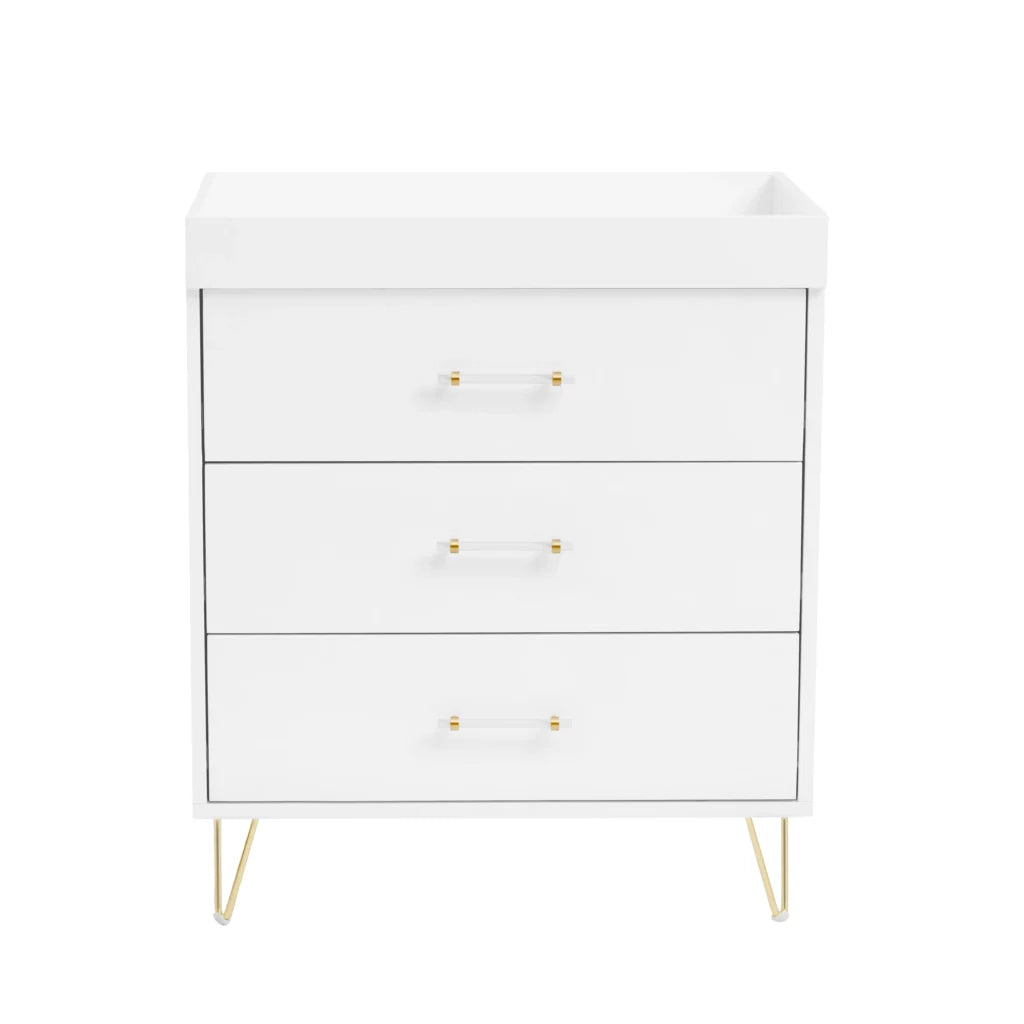 White dresser with gold legs and handles on a white background