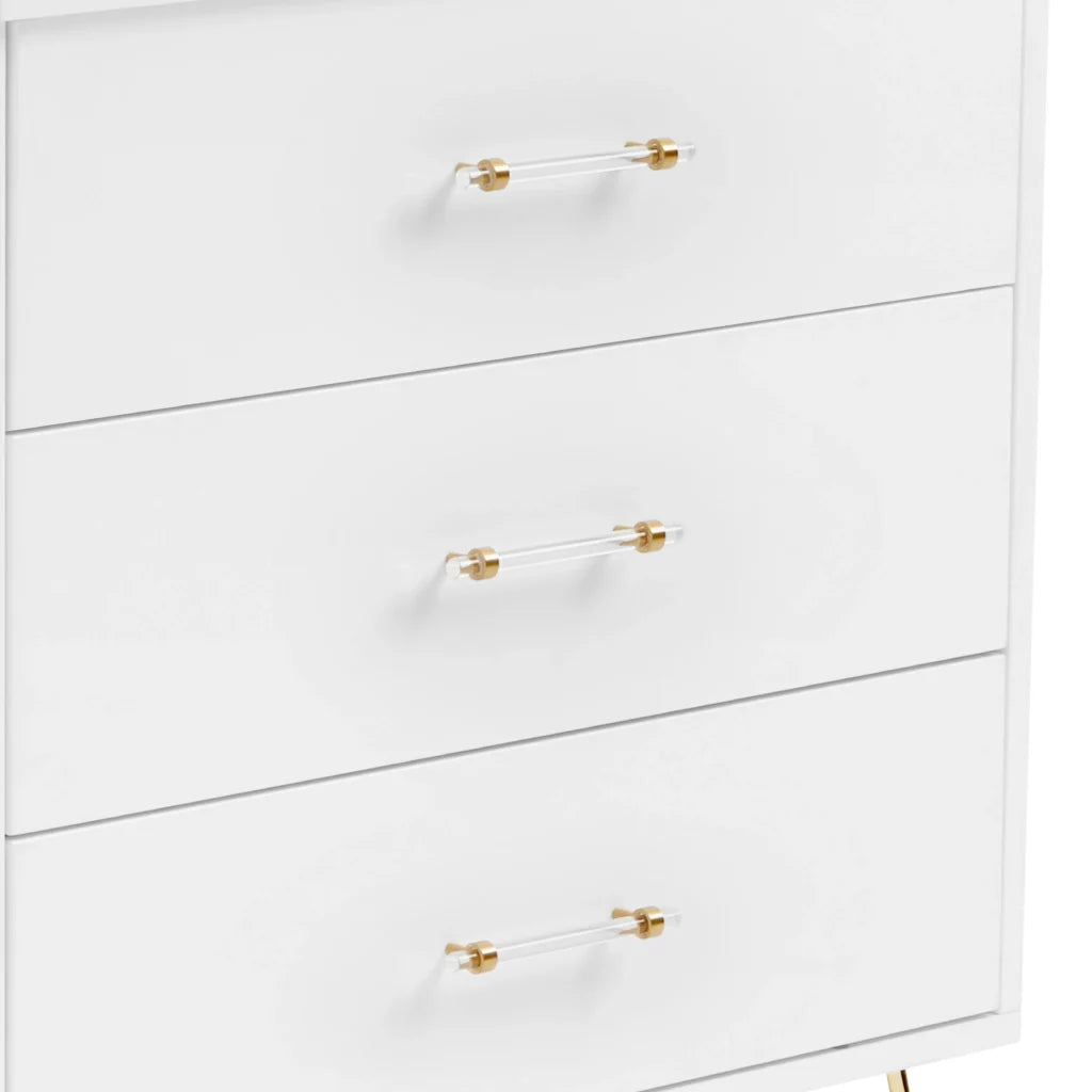 White dresser with gold handles on a white background