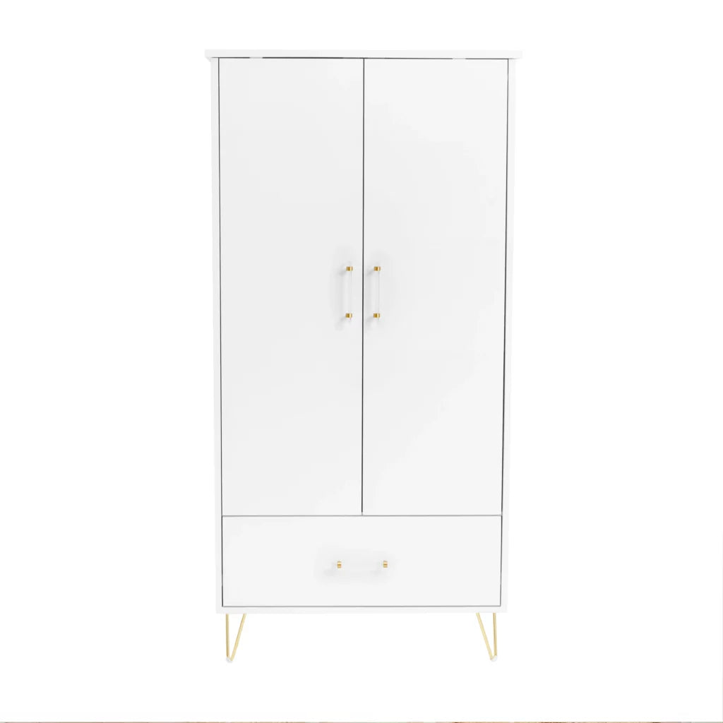 White cabinet with gold legs and handles on a white background