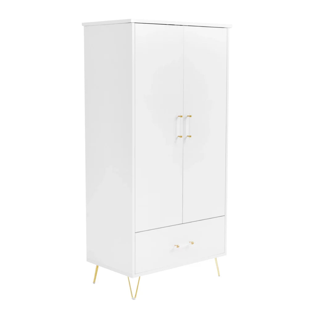 White cabinet with gold handles on a white background