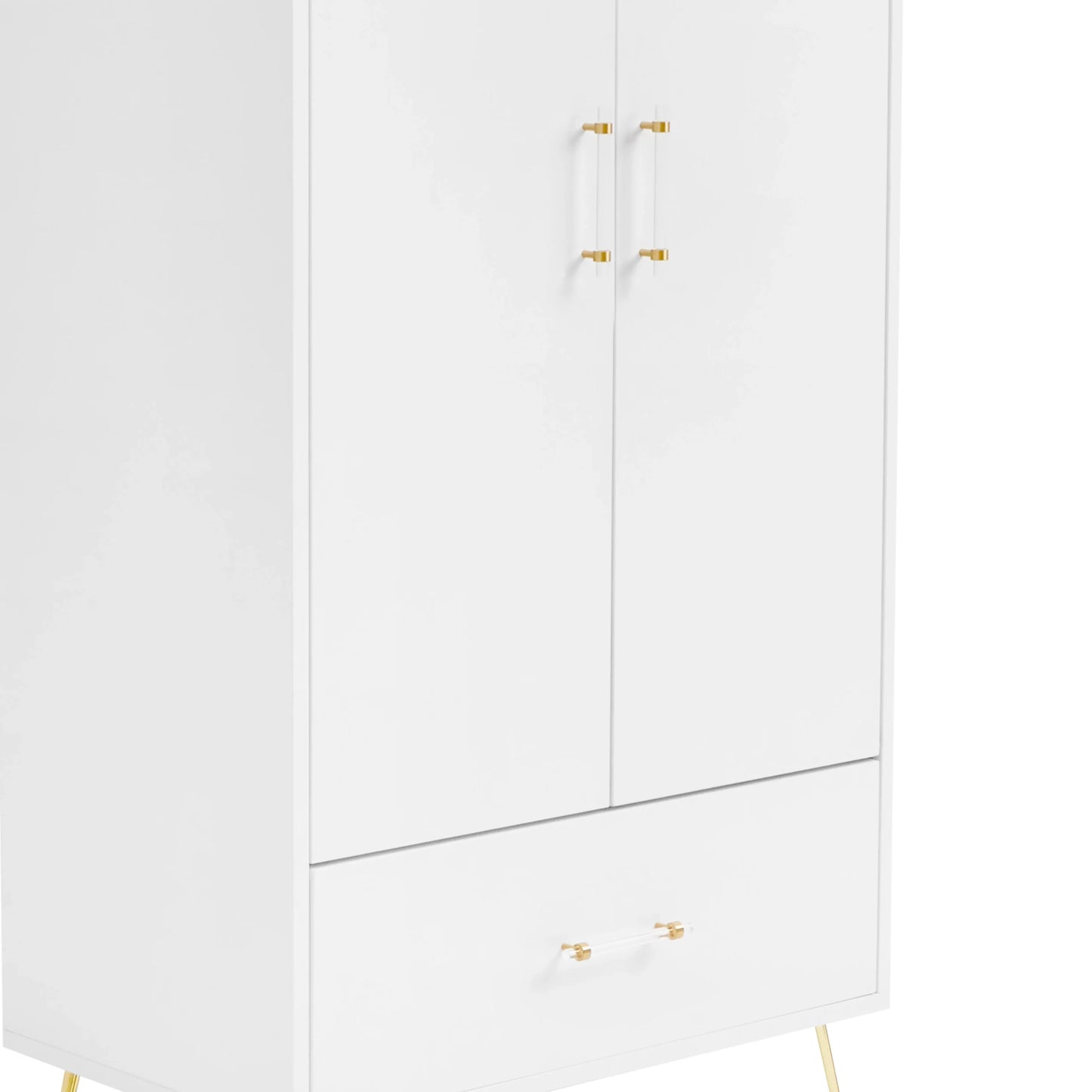 White cabinet with gold handles on a white background