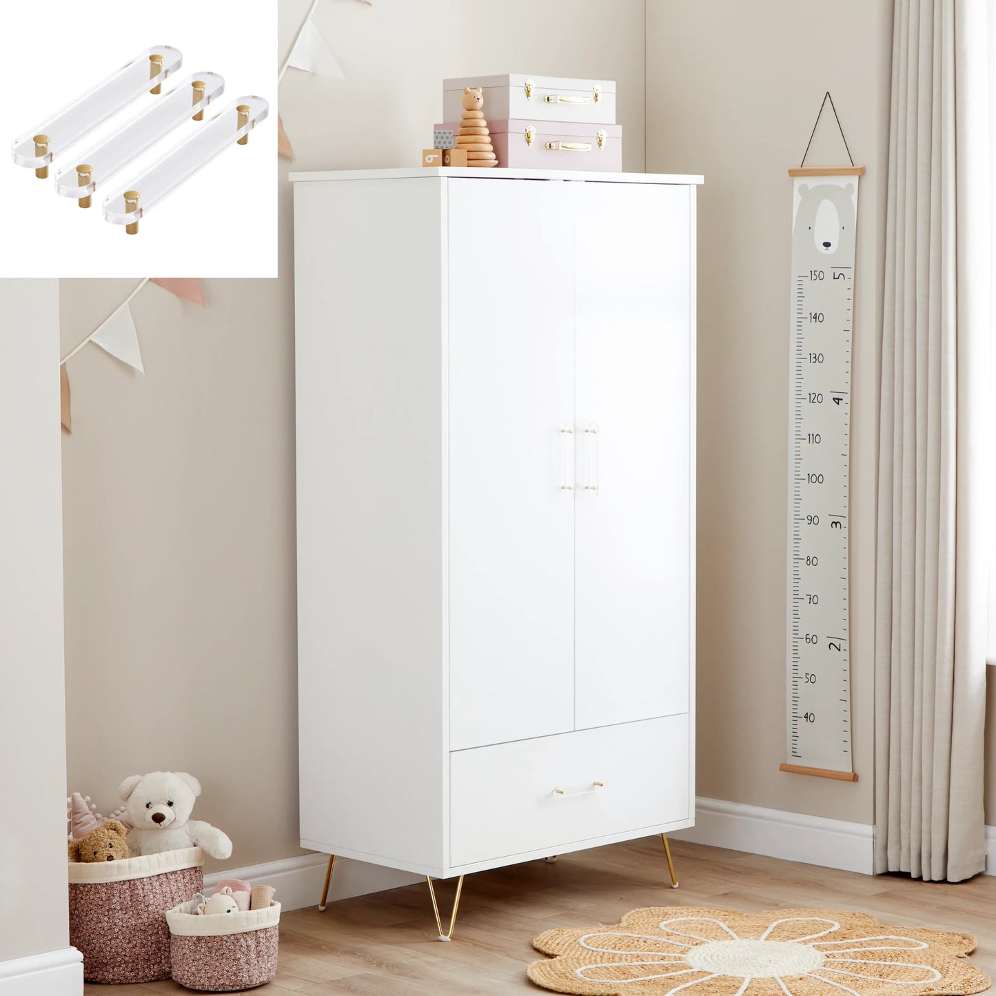 White cabinet in a room with toys, a basket, and a height chart on the wall.