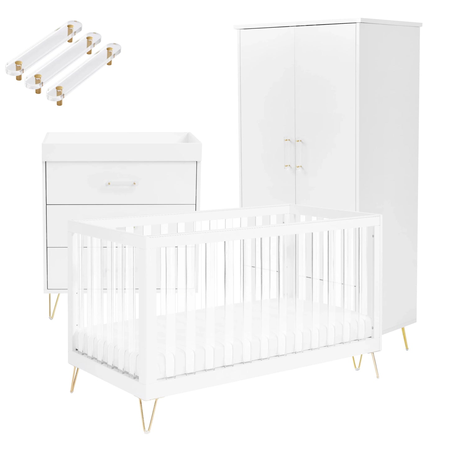 White crib with gold legs and matching changing table on a white background