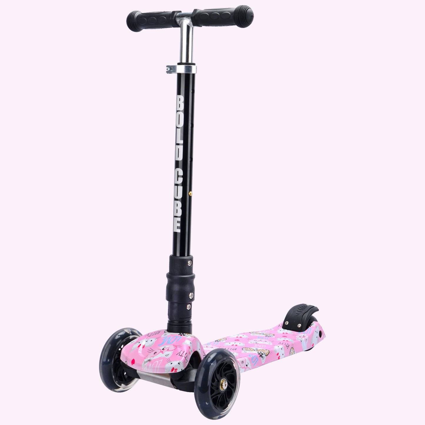 Pink scooter with floral design on wheels on a white background