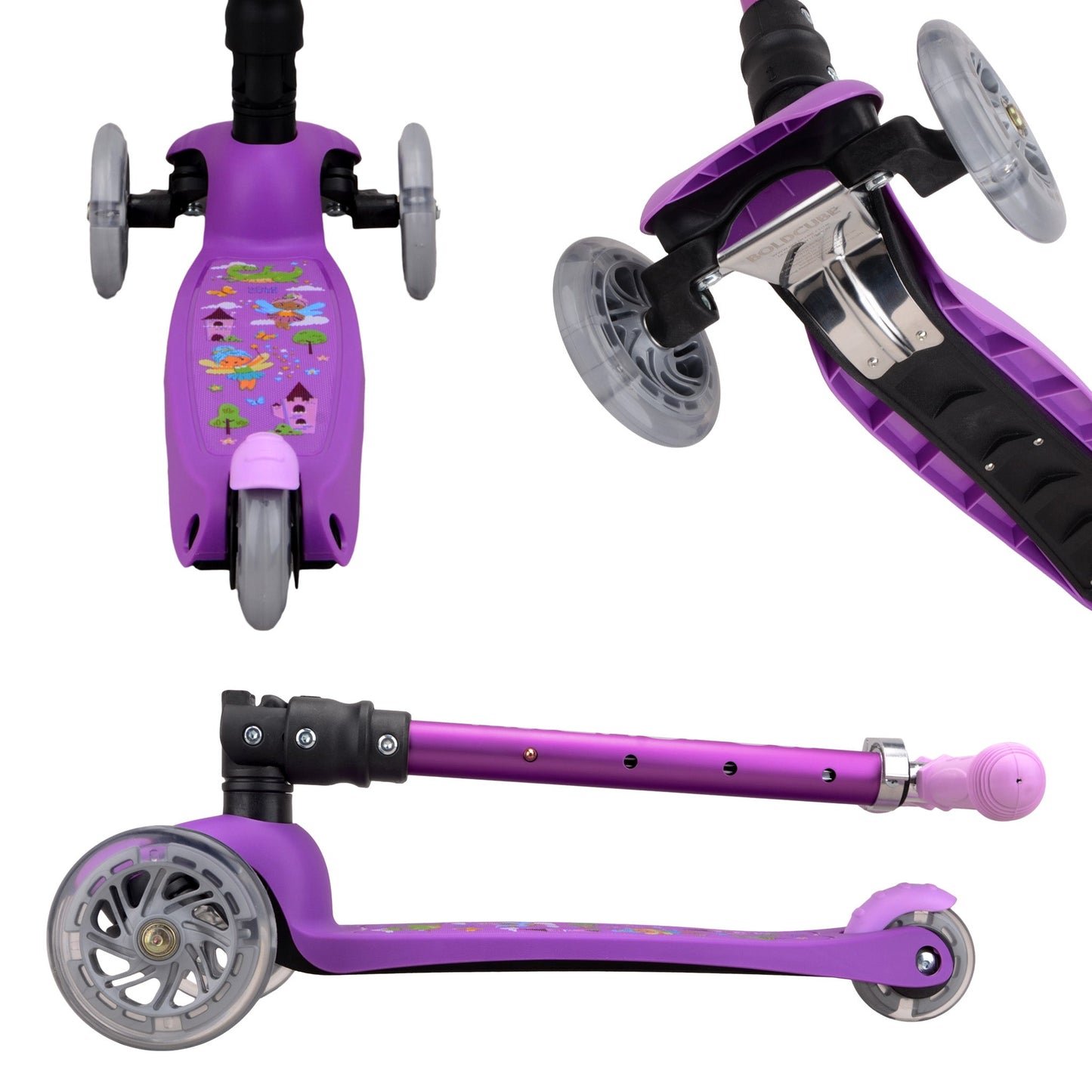 Purple scooter with detachable footboard on a white background
