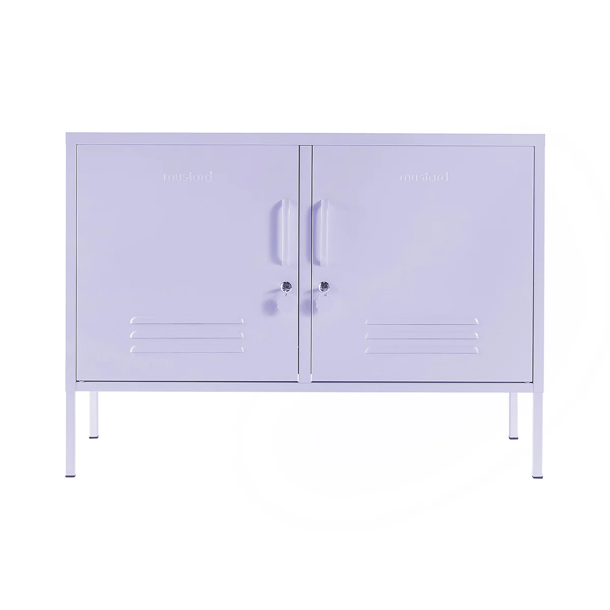 Purple metal cabinet with two doors on a white background